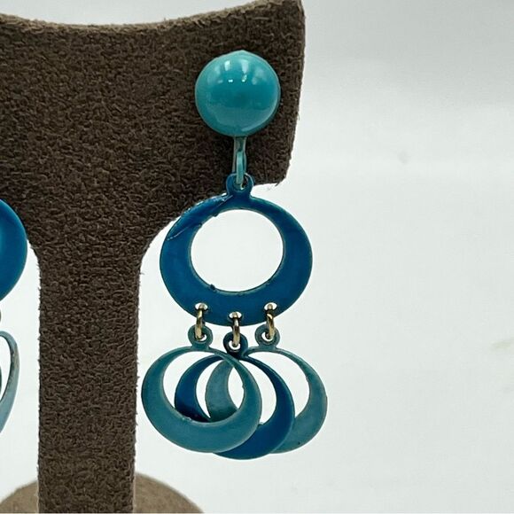 Vintage 1980s Blue Retro Dangle clip on metal Earrings - Picture 4 of 6